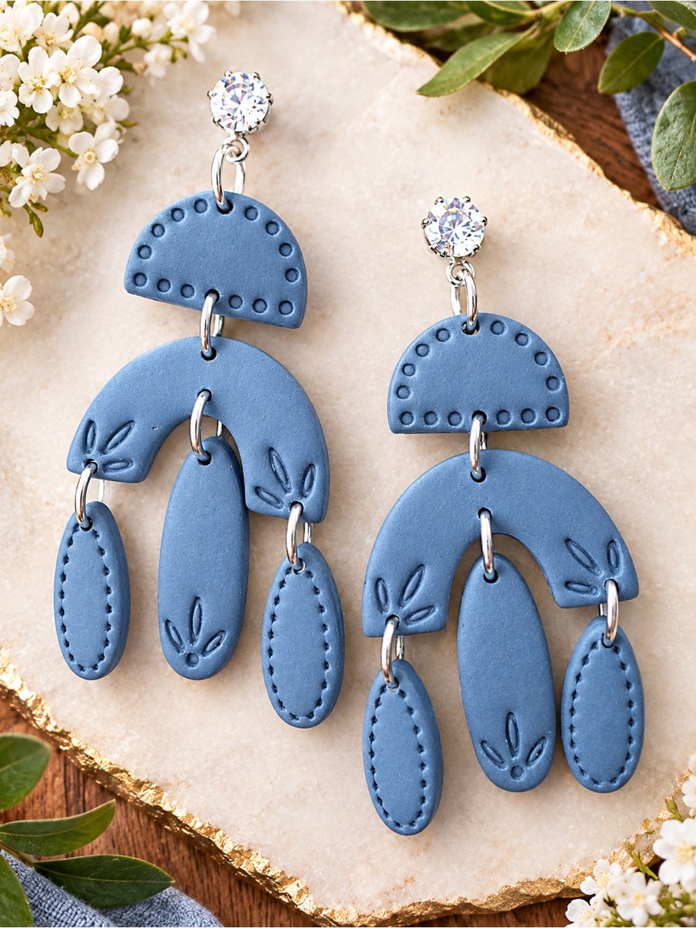 Blue Statement Dangle Handmade Polymer Clay Earrings